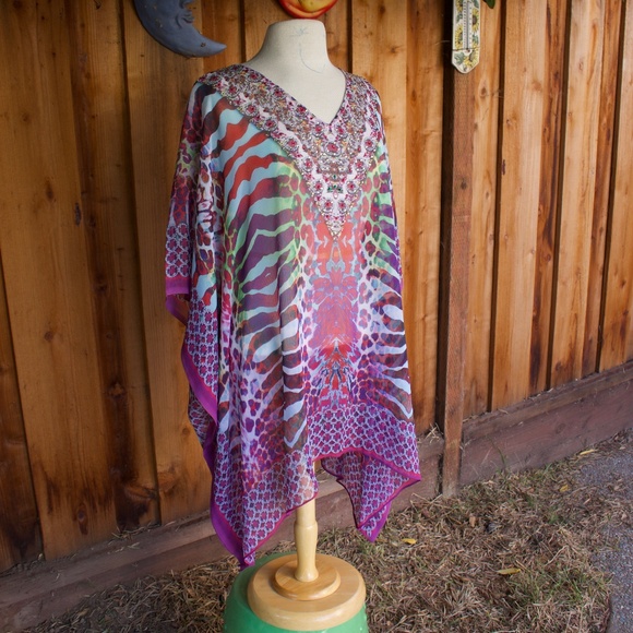 Miss G Bags Bejeweled Animal Print Chiffon Kaftan Poncho Blouse Size M - Picture 7 of 16